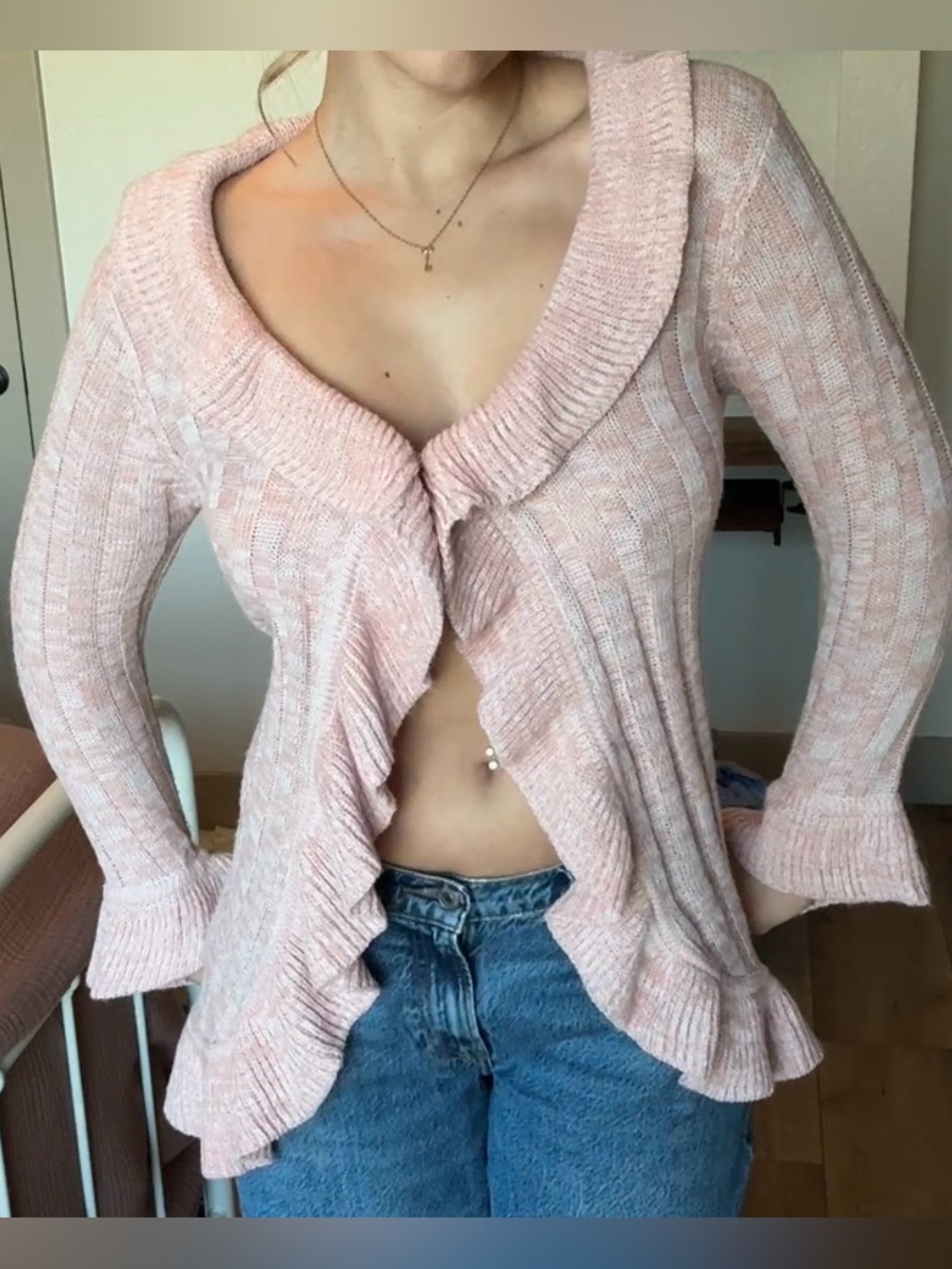 Ruffled Open-Front Cardigan in Light Pink